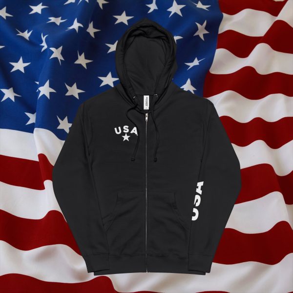 U S A Star Unisex Fleece Zip Up Hoodie- Sleeve / Back Logo - Image 7