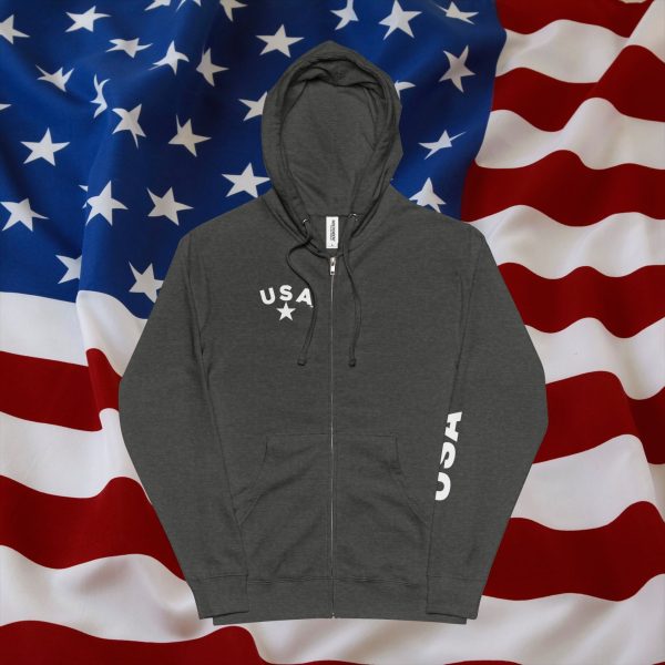 U S A Star Unisex Fleece Zip Up Hoodie- Sleeve / Back Logo - Image 5